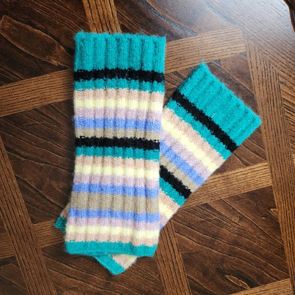 FP Arm Warmer Fingerless Gloves Knit Striped Turquoise & Cornflower Blue Tan - Picture 2 of 5
